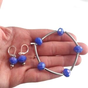 HANDMADE SILVER-PLATED OVER BRASS IRIDESCENT BLUE BRACELET/EARRING SET-NWOT